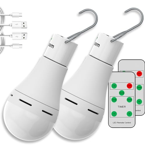 USB Rechargeable Light Bulbs with Remote, 4 Light Modes + Timer, 2 Pack White