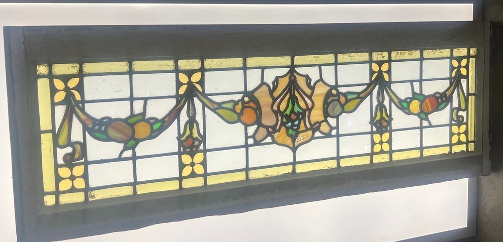 Matched pair stained glass hanging fruit windows