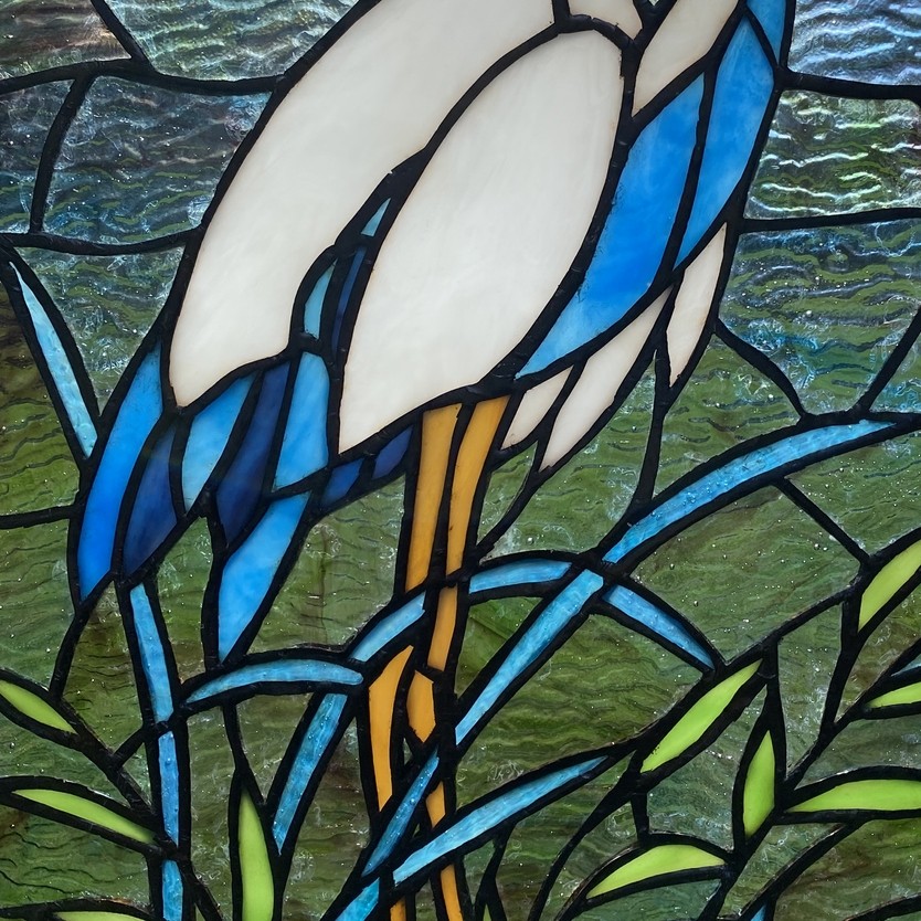 18" White & Blue Crane Stained Glass Window Panel