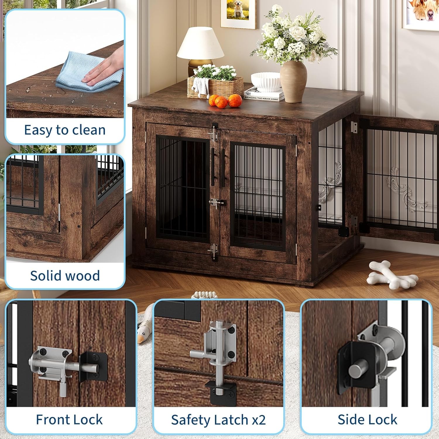 Dog Crate Furniture End Table Heavy Duty Wooden Kennel Cabinet with Double Doors