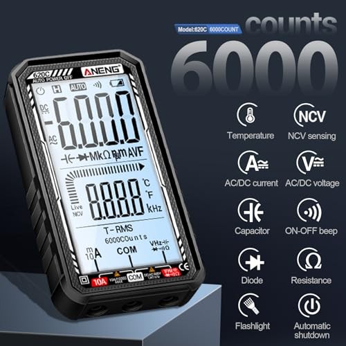 Digital Multimeter Tester, Smart Digital Multimeter 6000 Counts with 620C Black