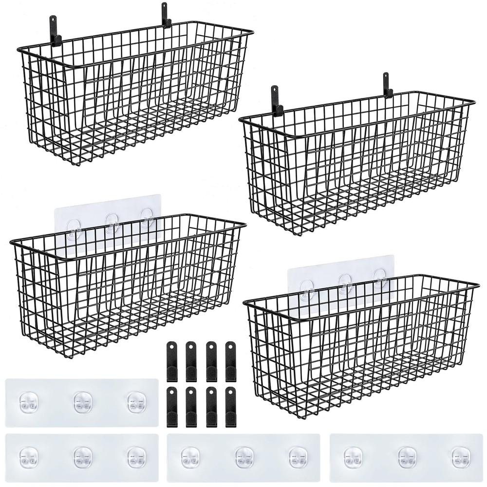 4 Set [EXTRA LARGE] Hanging Wall Mount Storage Baskets Extra Large, Black