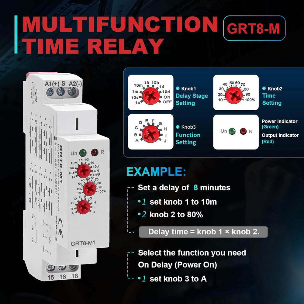 Multifunction Time Delay Relays AC DC 12V-240 Volt, 16A Mini Adjustable Timer Sw