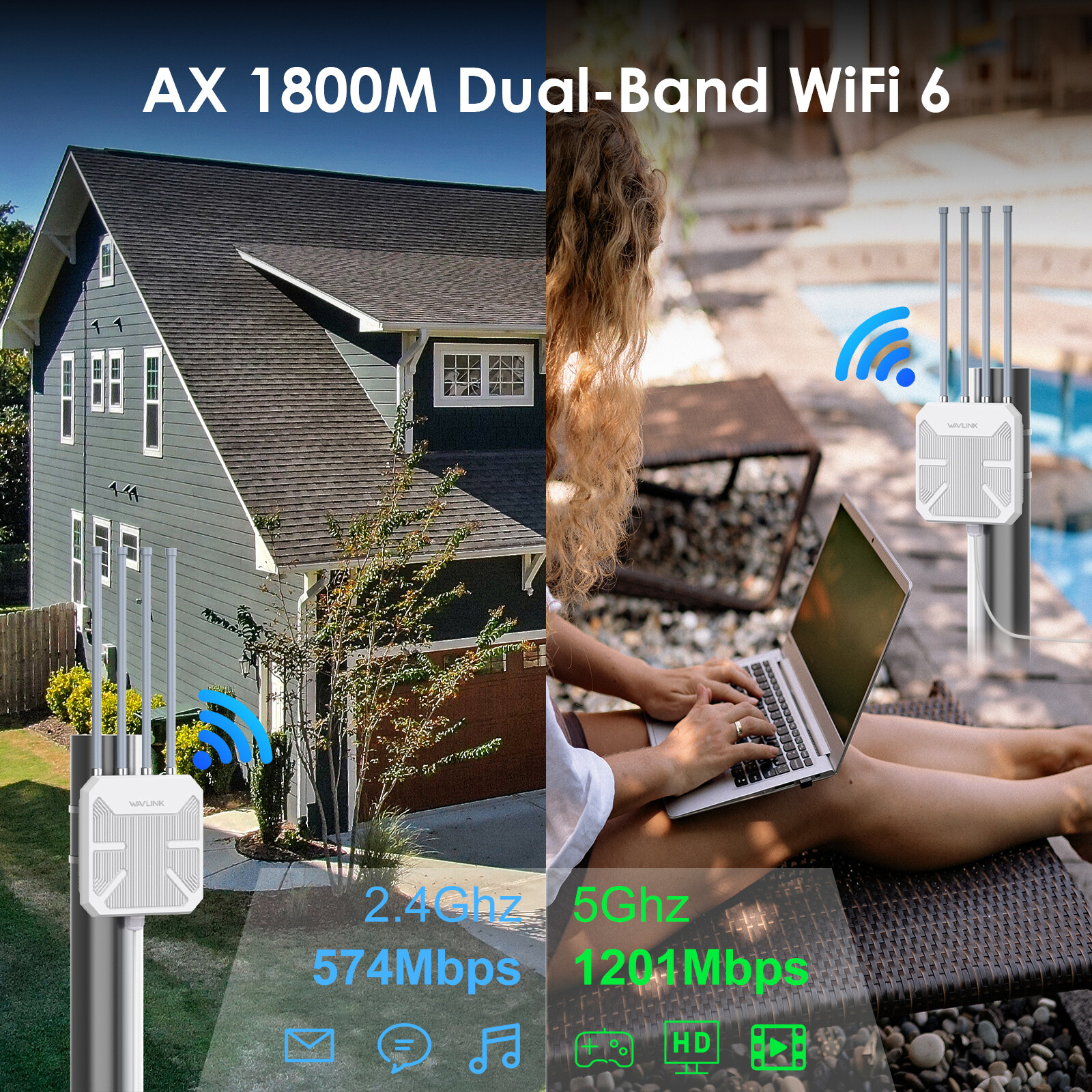 AX1800 Outdoor WiFi 6 Extender Long Range Wireless Router Repeater for Yard Park