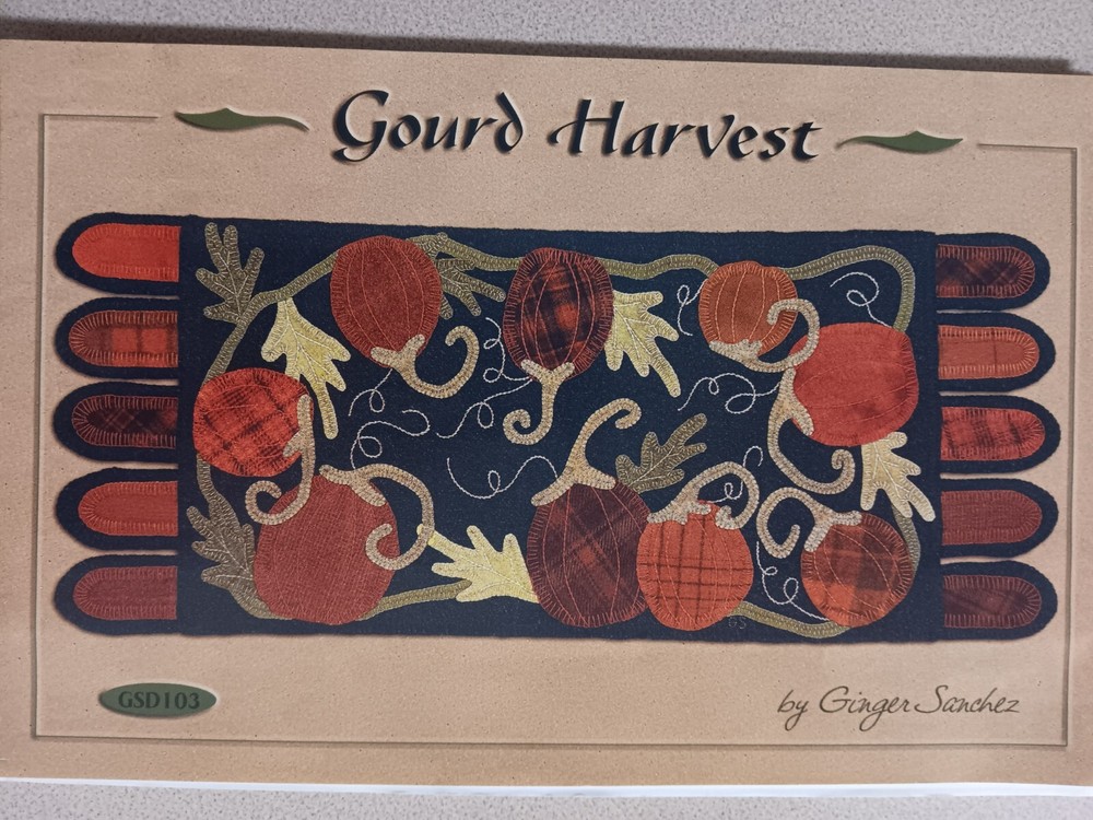 Ginger Sanchez Wool Embroidery Pattern Gourd Harvest Runner Fall Autumn Pumpkin