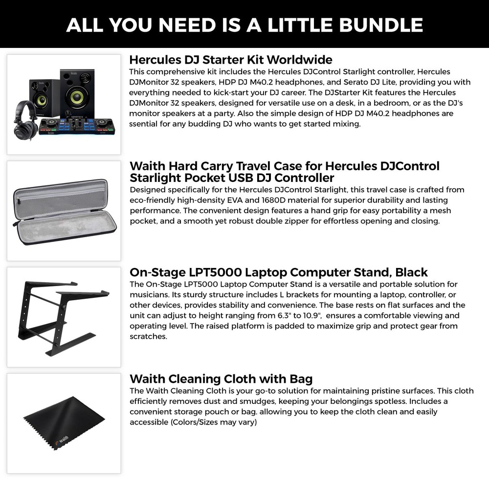 Hercules DJ Starter Kit - Starlight USB DJ Controller+Laptop Stand+Case (Bundle)