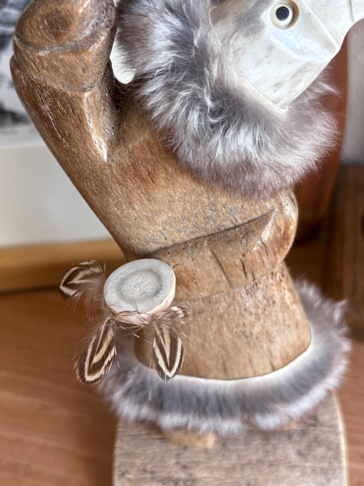 Vukson Signed Handmade Moose Antler?, Fur + Stone Inuit Eskimo Eagle Sculpture