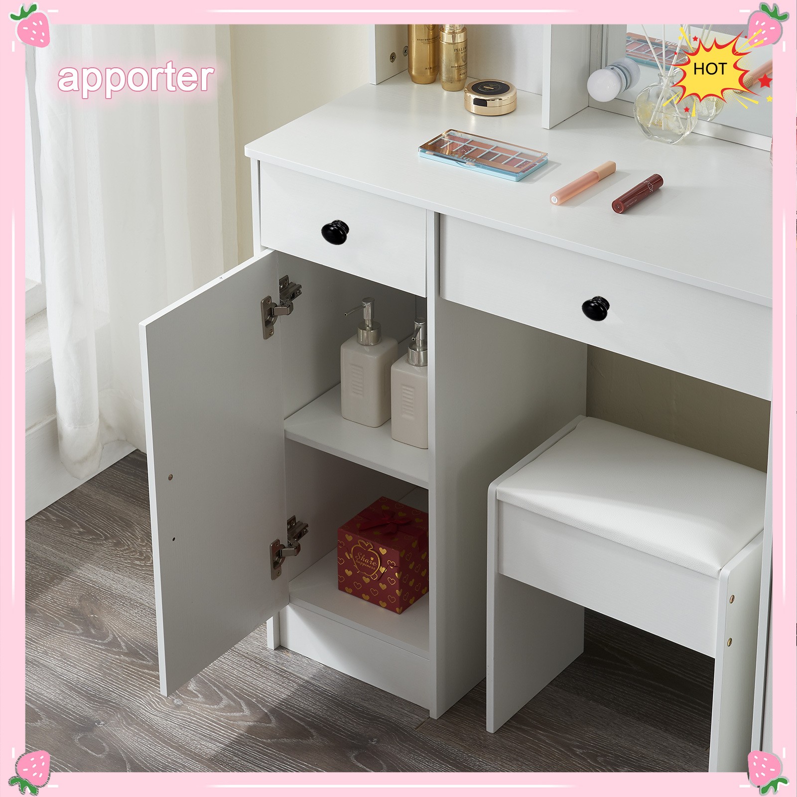 Large Dressing Table 5 Drawer Makeup Desk Dresser w/ LED Mirror and Stool