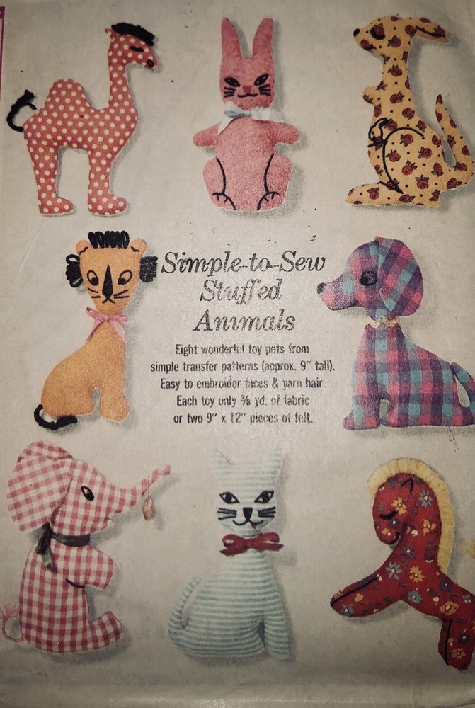 VTG `64 Simplicity 5767 Transfer Sewing Pattern 8 Different Stuffed Animals FF
