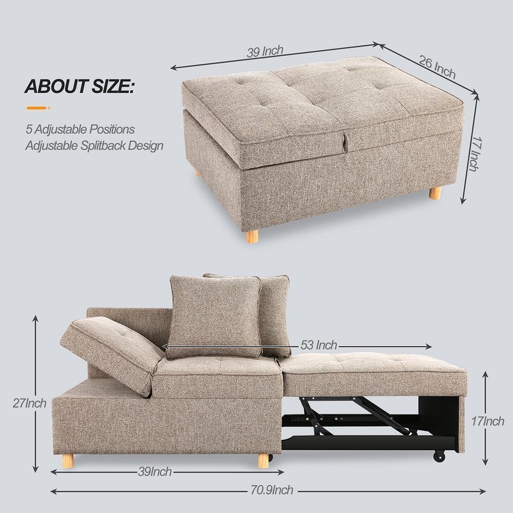 Folding Ottoman Sofa Bed Chair 4-in-1 Sleeper Sofa Adjustable Backrest+2 46