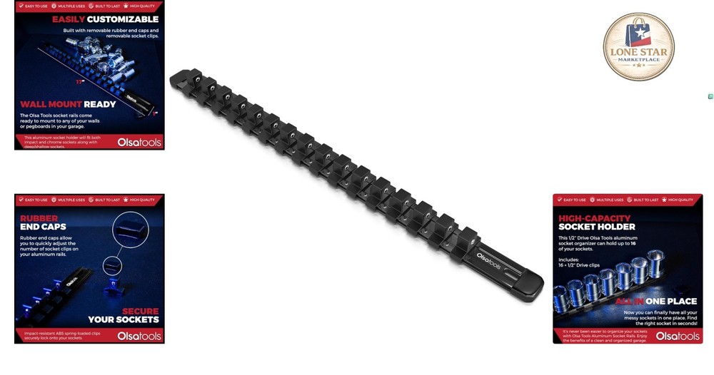 Professional Grade 1/2-Inch Drive Socket Organizer Rail - 16 Socket Holder