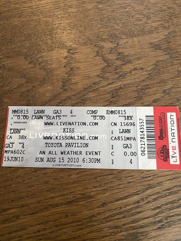 KISS 2010 Ticket stub Full Ticket 08/15/10