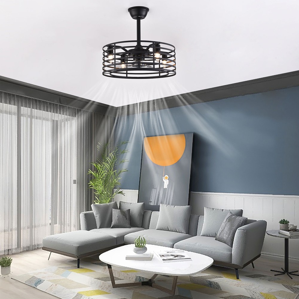 20" Rustic Caged Bladeless Ceiling Fan with Light Remote Control Flush Mount Fan