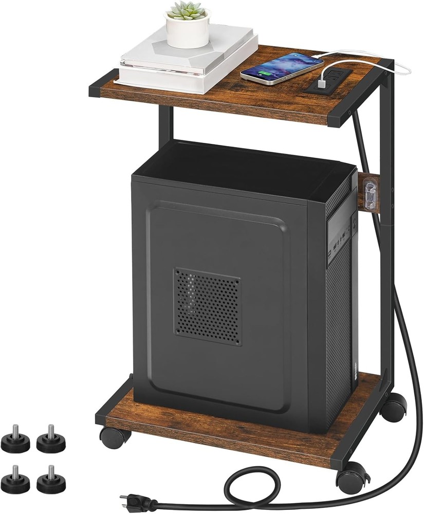 HOOBRO Computer Tower Stand, PC Stand with Charging Rustic Brown, Black