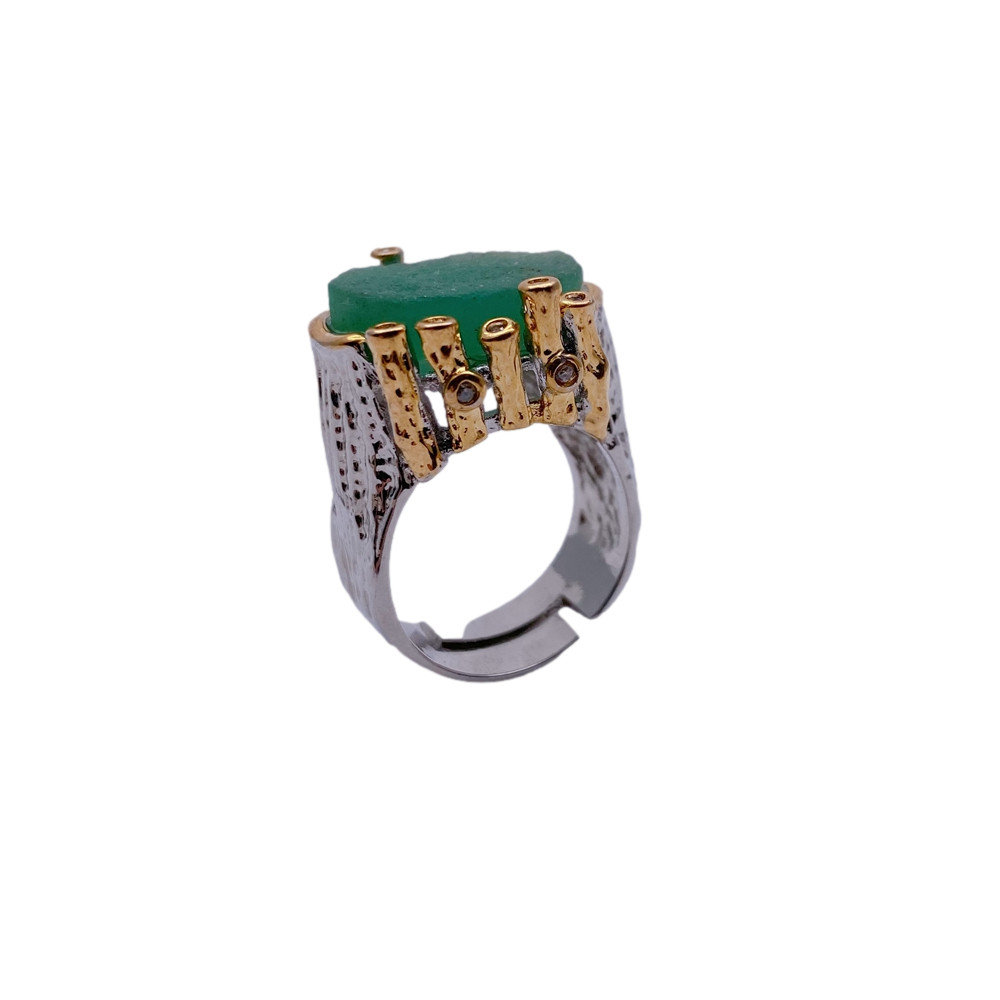 Natural Green Fluorite Rough Real Stone Ring Gold Plated Adjustable Rings