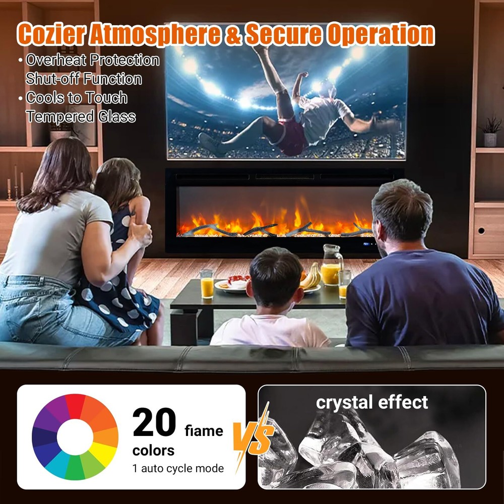 Smart Electric Fireplace with Remote Control & Alexa/WiFi 50 Inch Wall Mount