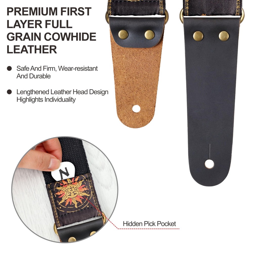 Nefelibata Guitar Strap - Sun & Moon Embroidery Leather Ends 4 Picks