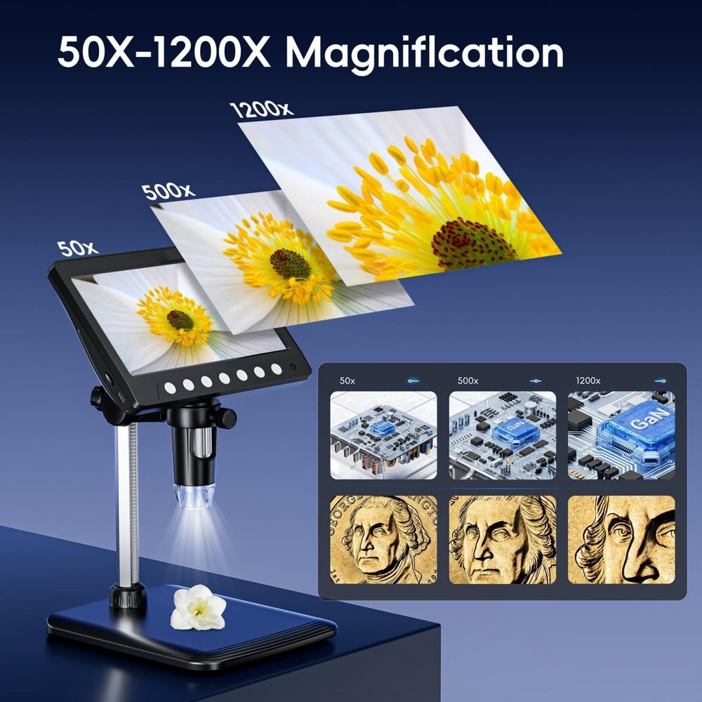 Durable 1200X 1080P Video Focusing Digital Microscope Camera With 7 "IPS Screen