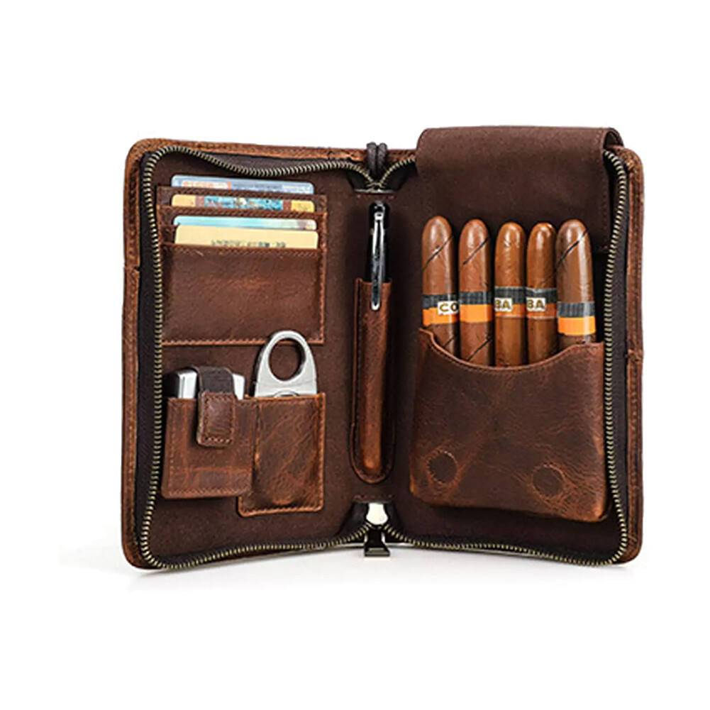 Genuine Leather Passport Cigar Case Travel Humidor Set Cutter Pocket box Brown