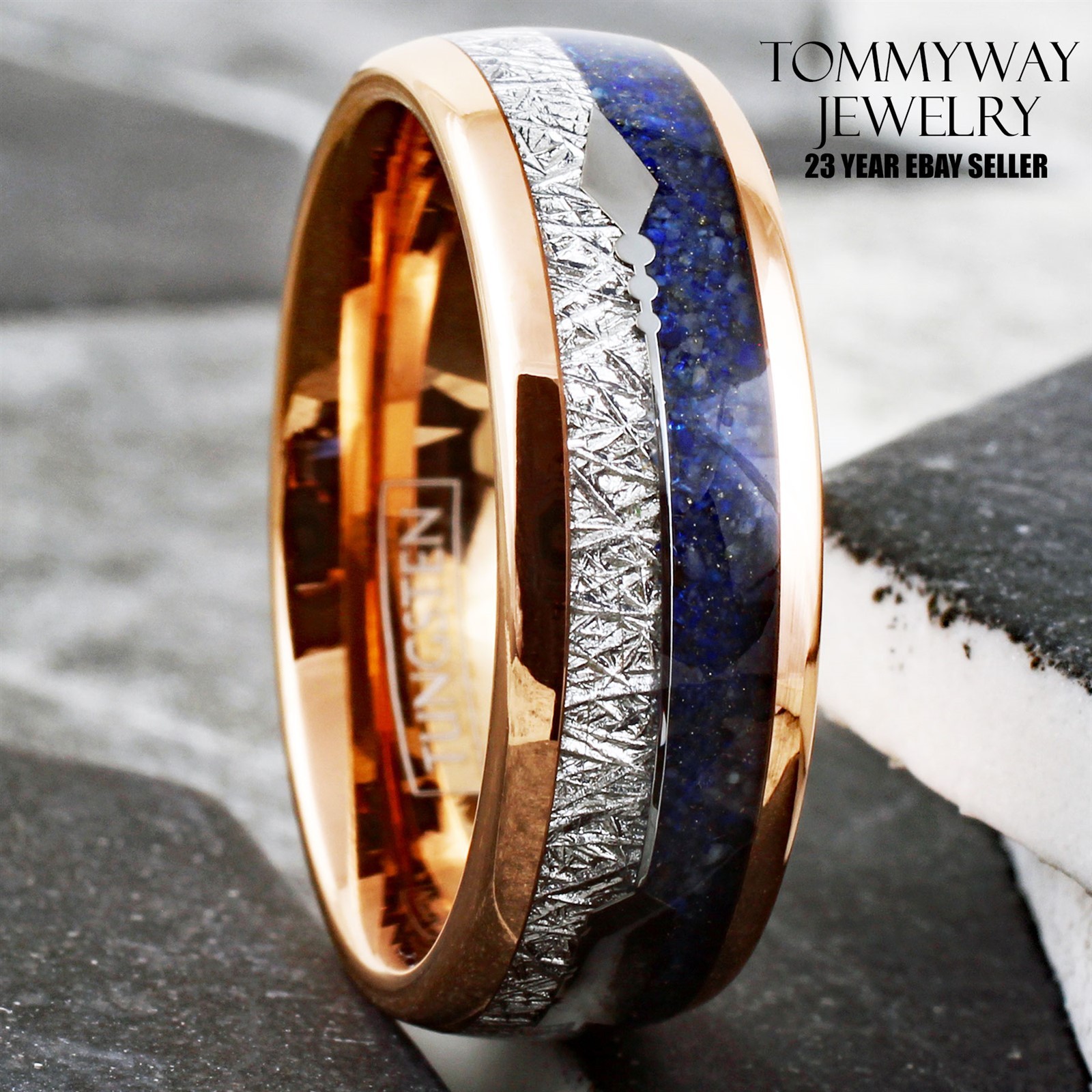 Rose Gold Plated Tungsten Carbide Meteorite & Blue Lapis Lazuli Men's Band Ring