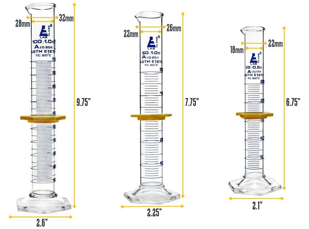 EISCO Premium Graduated Cylinder Set - 25mL, 50mL & 100mL - ASTM, Class A -...