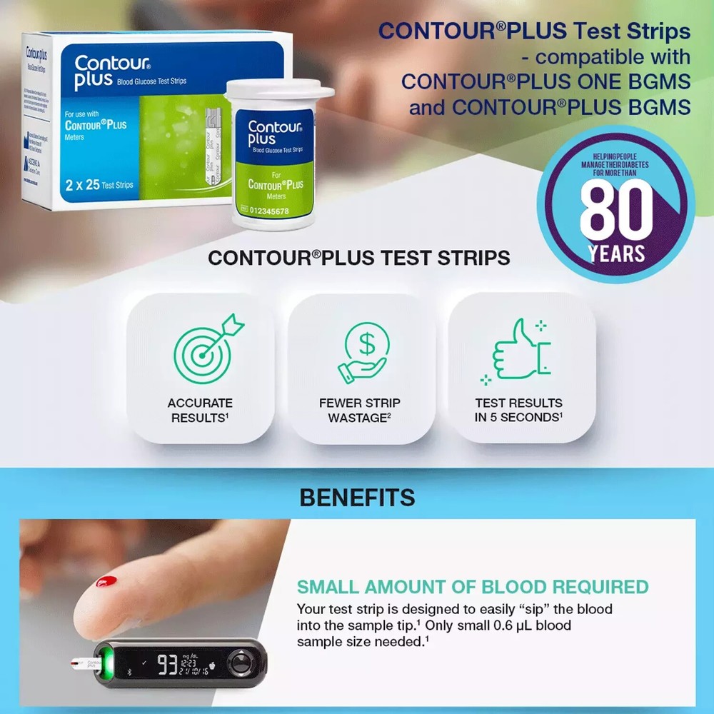 Contour Plus Blood Glucose Glucometer with 50 Test Strips Free