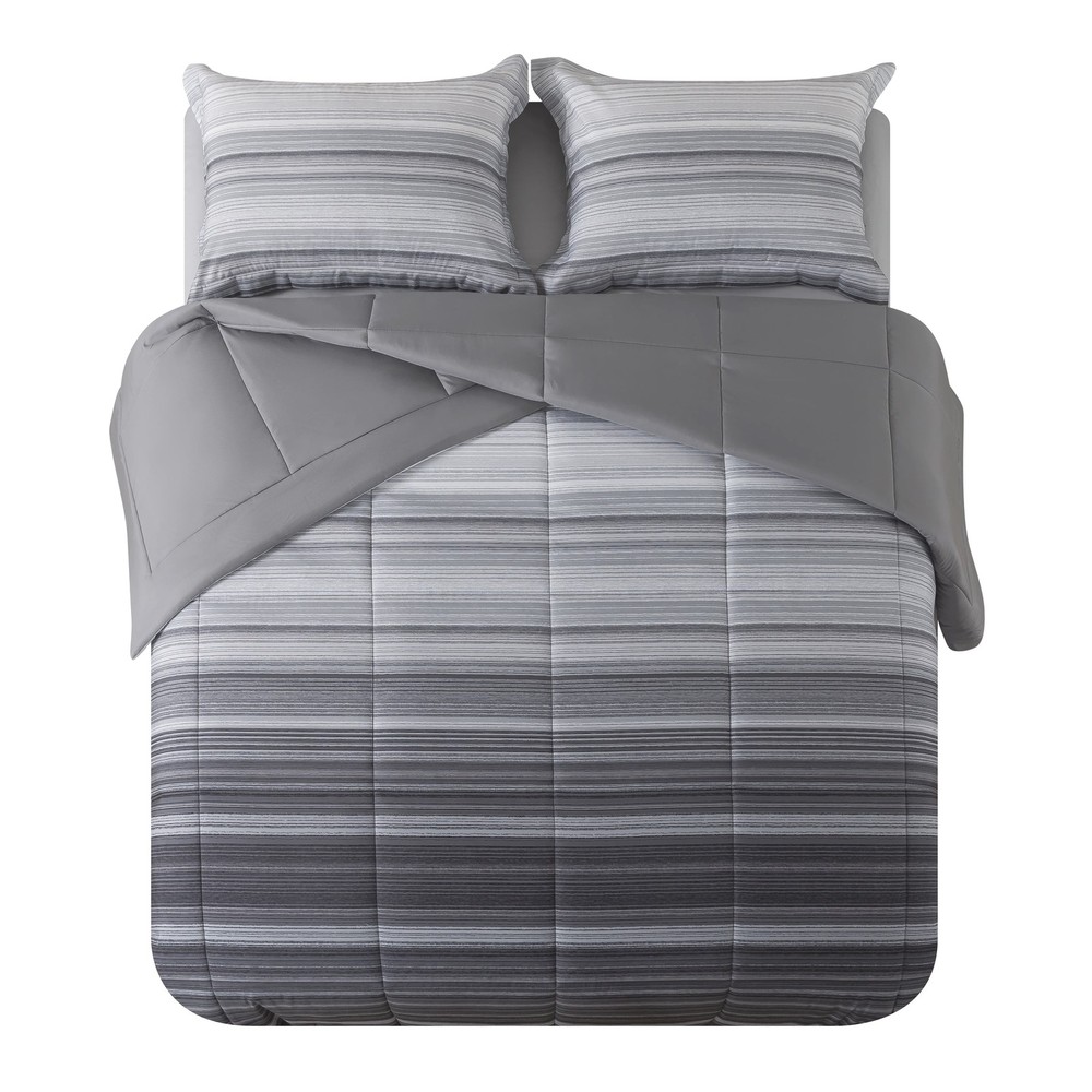 All in One Reversible Comforter & Sheet set- 7 Piece Queen Gray Stripe