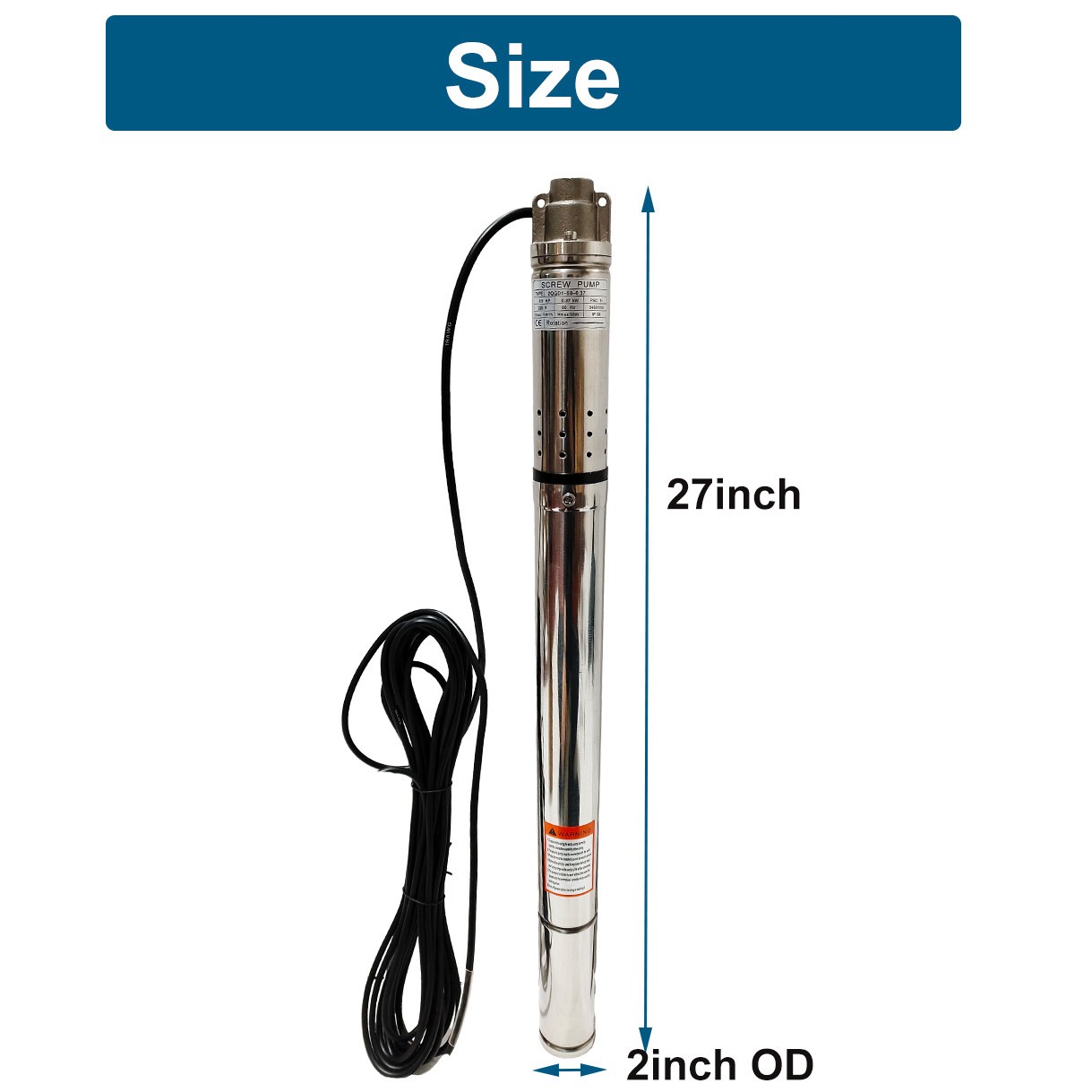 2" OD 1/2HP Deep Well Submersible Pump 164ft Hmax 230V 4.4GPM 33ft Cord