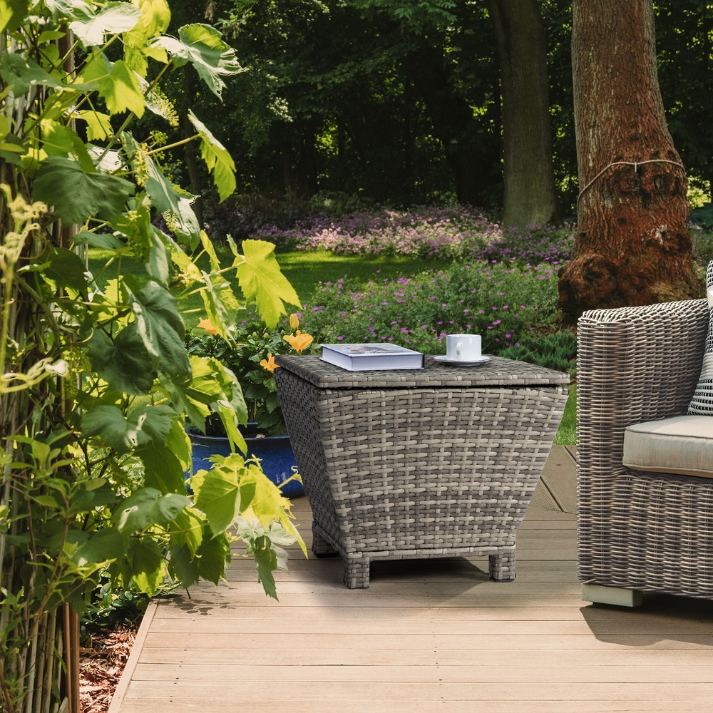 Outdoor PE Wicker Side Table with Storage, Small Patio Storage Bin Container