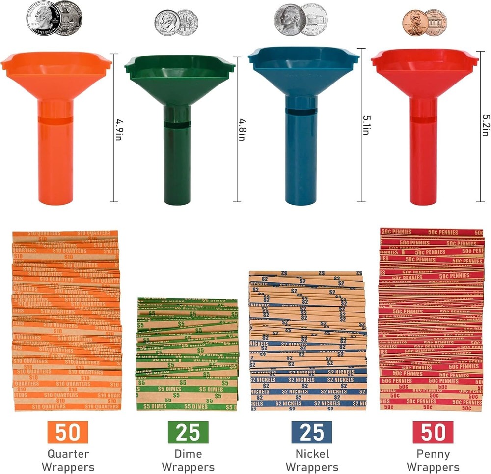 Color-Coded Coin Sorters & Assorted Wrapper Set - 150 Pieces for Easy Counting