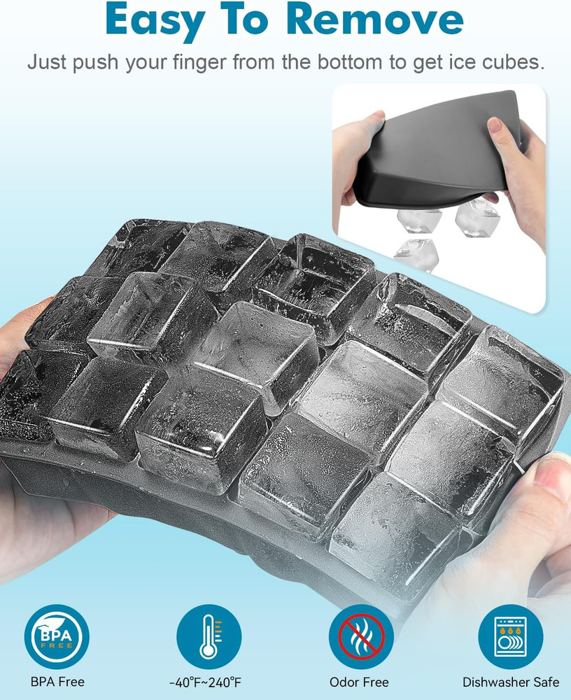 Silicone Ice Cube Trays for Freezer 2 Pack, Easy Release Square Ice Cubes Mold,