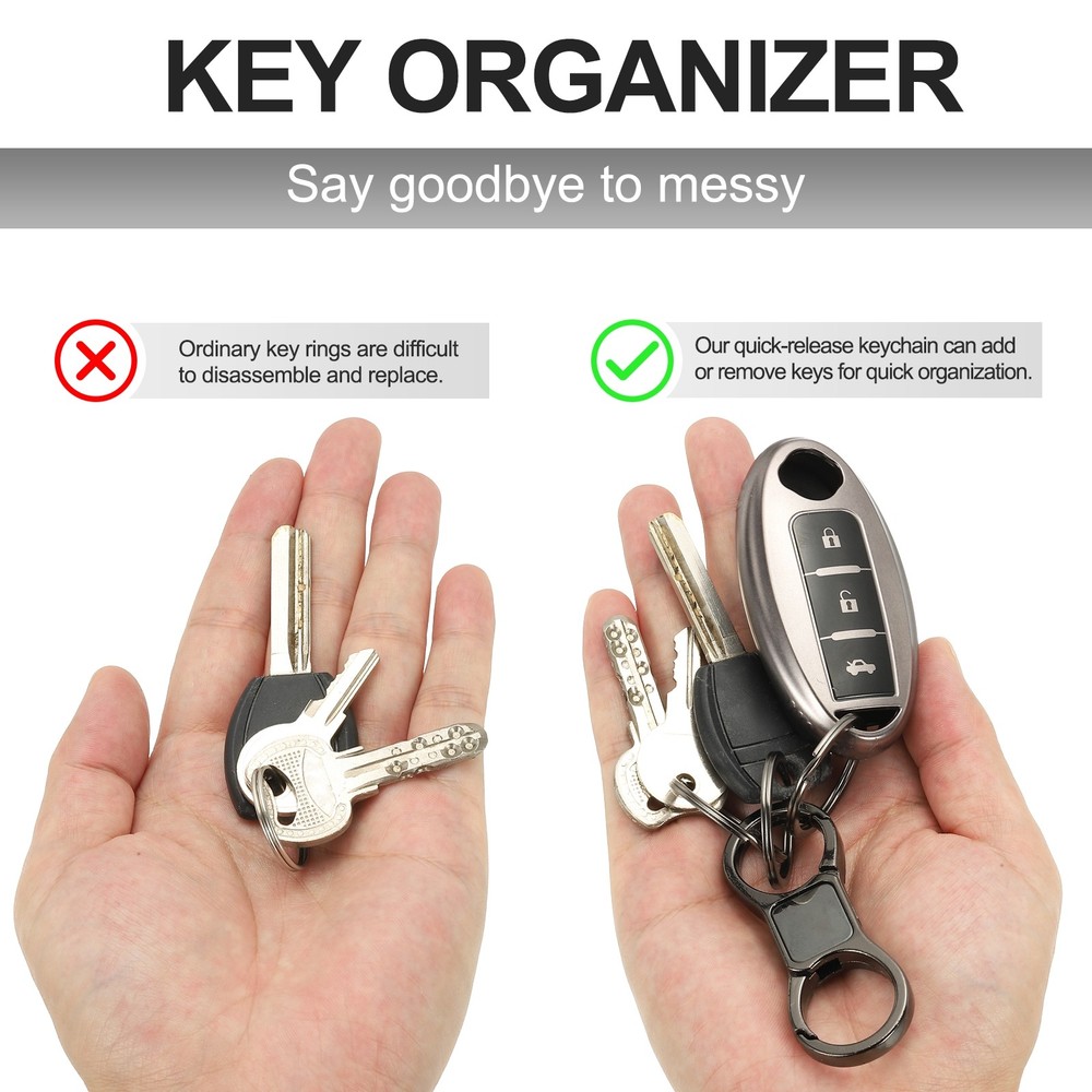 2 Pcs Quick Release Keychain, Keychain with 10 Round Clips, Silver Tone