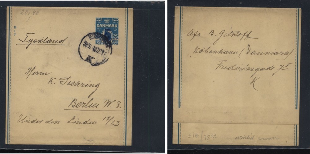 Denmark  revalued wrapper  to  Germany         PS0518