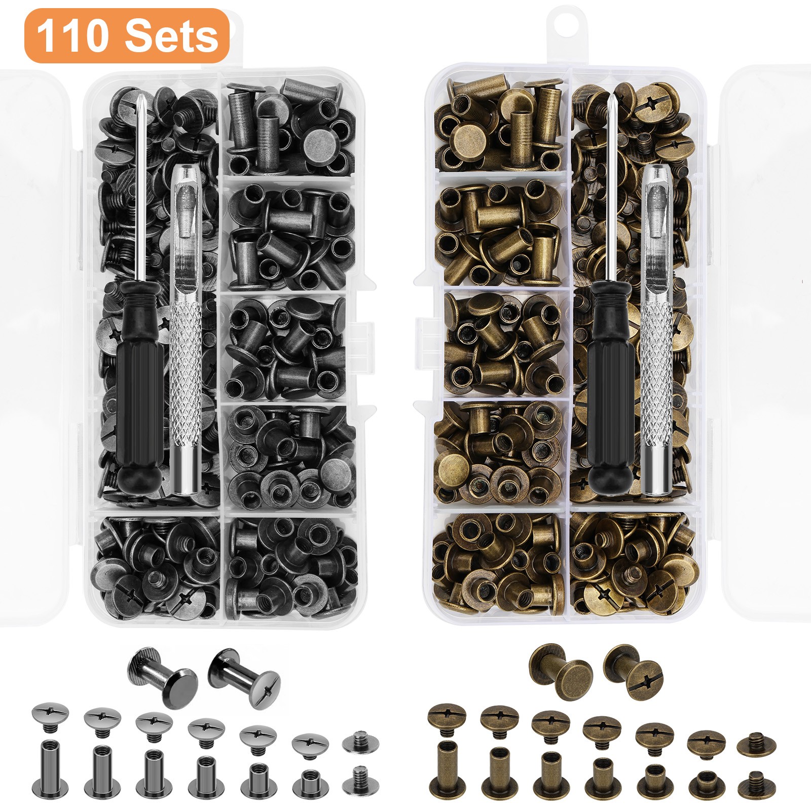 110 PCS Double Leather Rivet Screws Kit 6 Sizes for DIY Crafts Bookbinding Bags