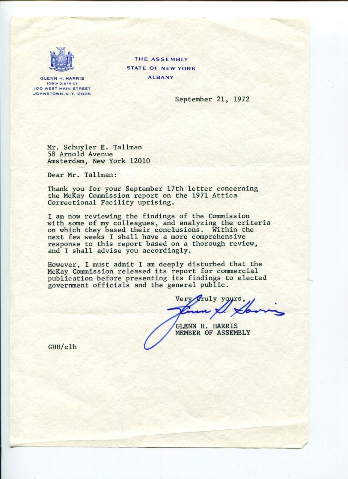Glenn H Harris New York State Assembly 1960s Signed Autograph TSL