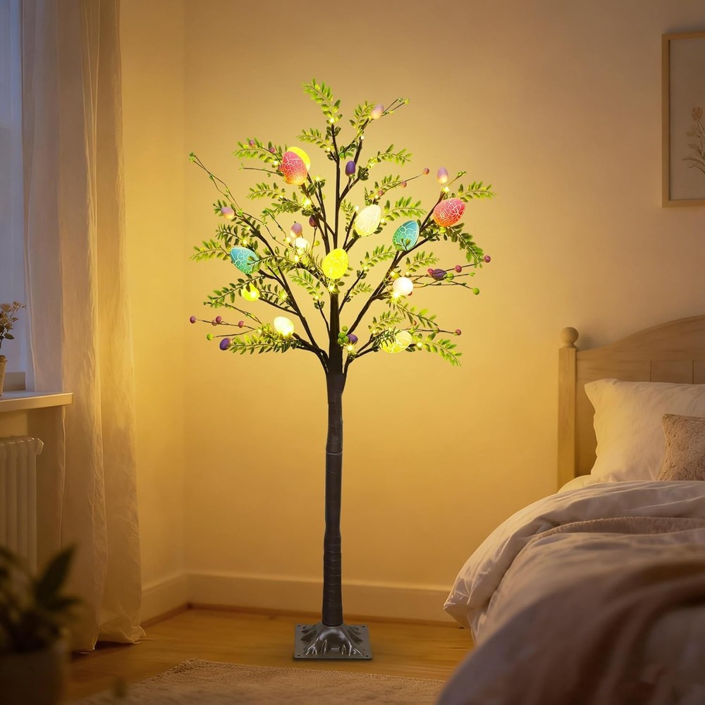 4FT Lighted Easter Tree with Timer, Pre-Lit Artificial Egg Trees with Co