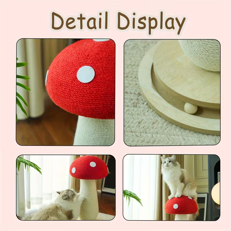 Cat Scratching Post - Red Mushroom with Interactive Turntable & Sisal Surface