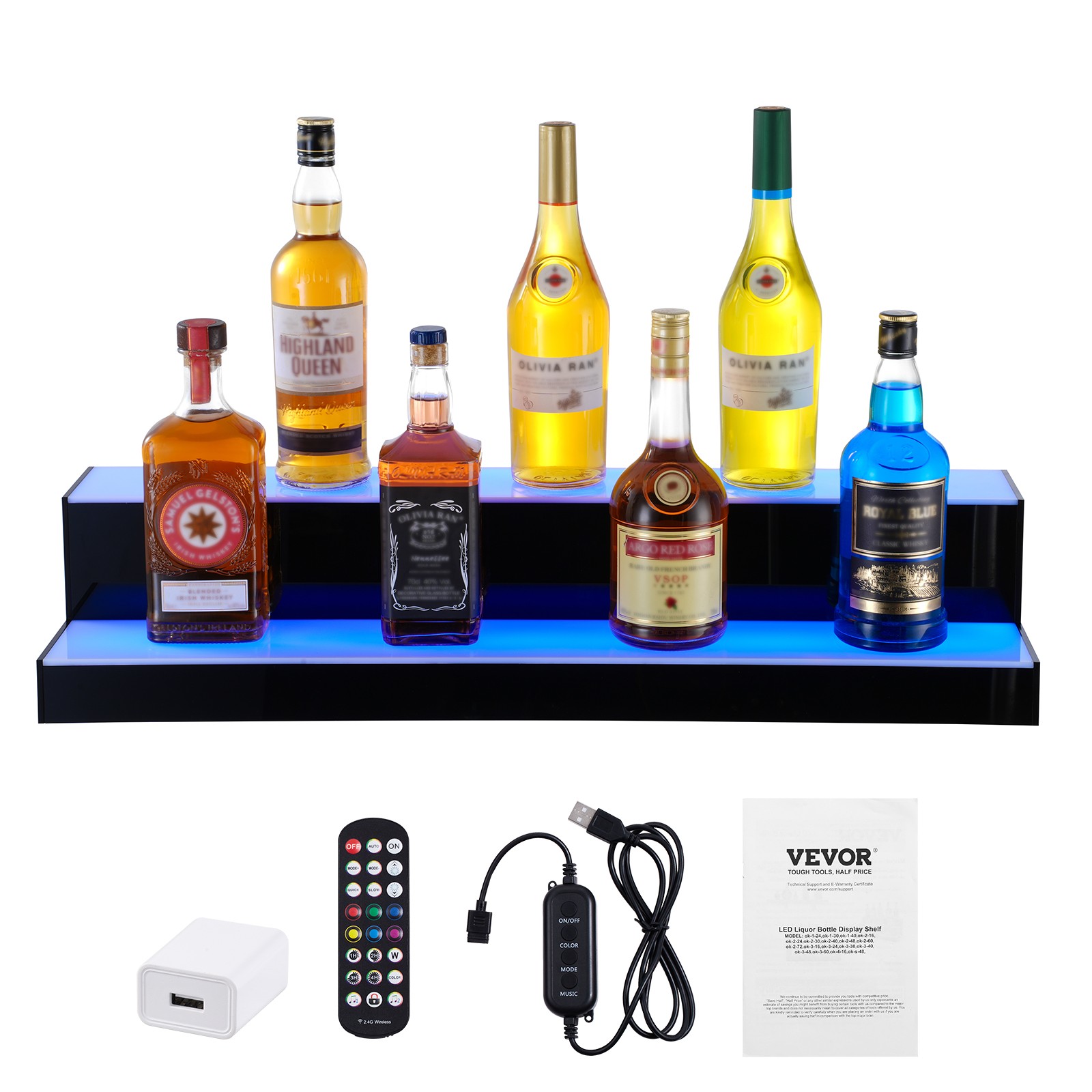 VEVOR LED Lighted Liquor Bottle Display Bar Shelf RF & App Control 30" 2-Step