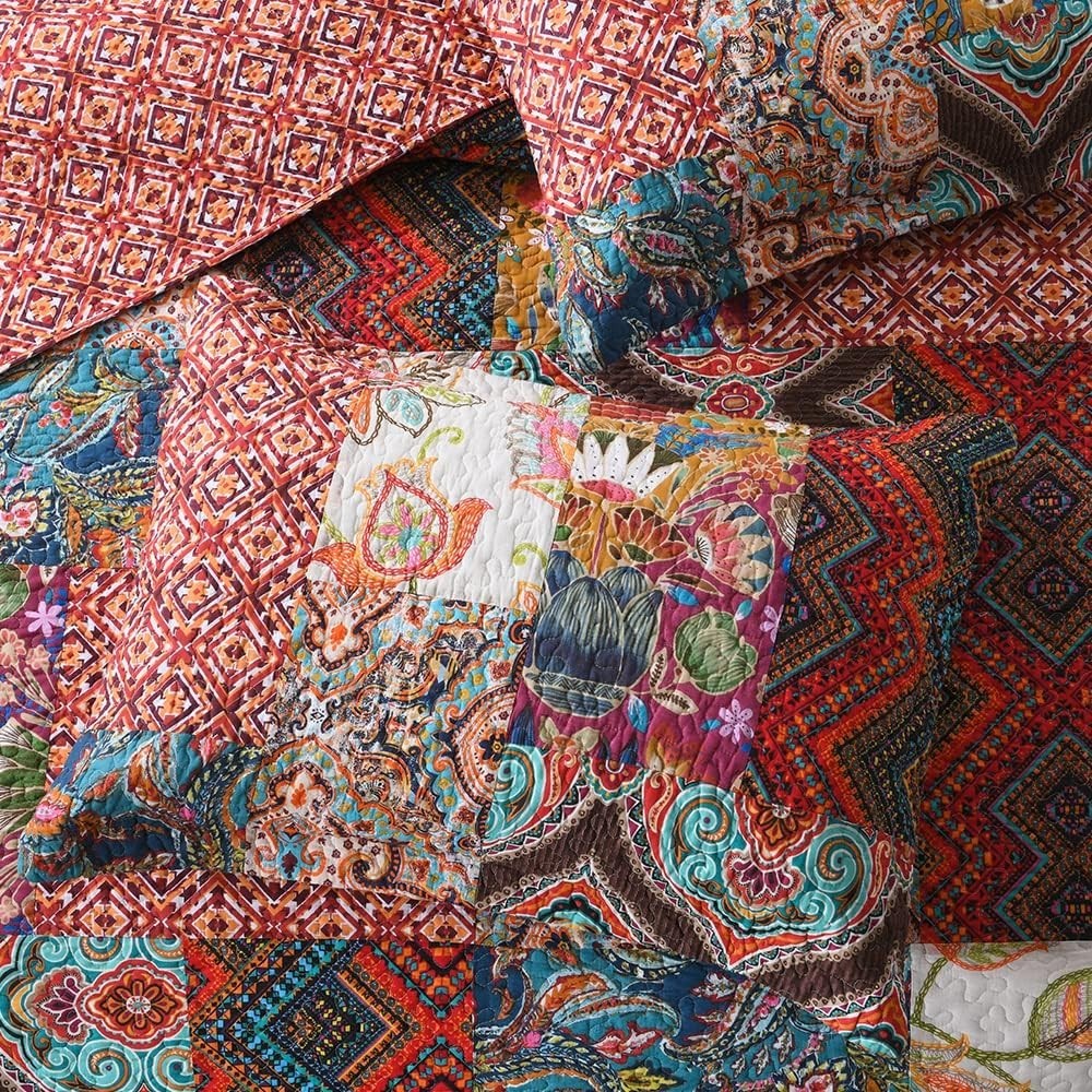 Cotton Patchwork Bedspread Quilt Sets, Reversible Bedding Coverlet Sets, Red ...
