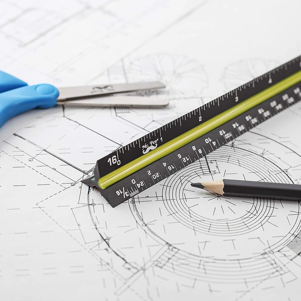 Architectural Scale Ruler 12″ Aluminum Triangular Architect Black Ruler New