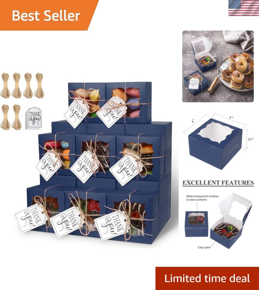 60 Blue Bakery Boxes with Window – Elegant Cupcake & Cookie Gift Boxes 4x4x2.5
