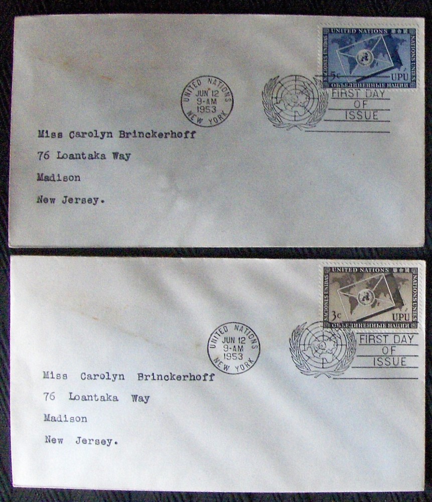 UNITED NATIONS. 2  different FDC UNIVERSAL POSTAL UNION, 1953.
