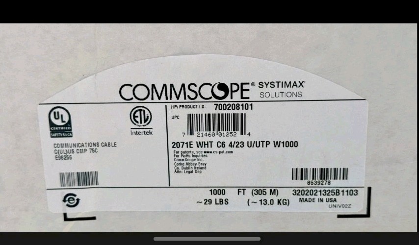 50ft -Commscope 2071E 23/4P Cat6 Gigaspeed XL U/UTP Plenum Network Cable White