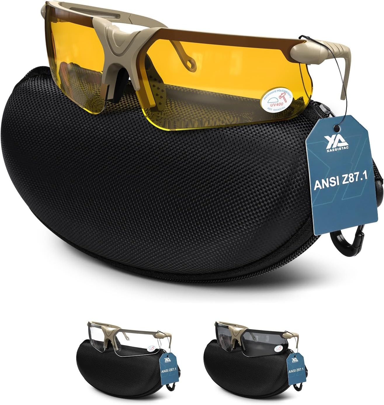 xaegistac Shooting Glasses with Case Anti Fog Hunting Yellow Lens-khaki Frame