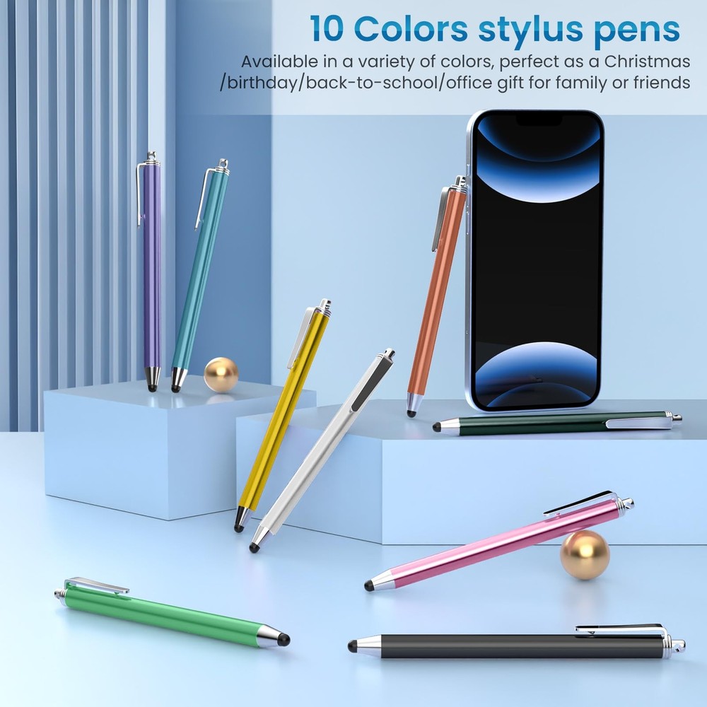 Stylus Pens for Touchscreens, 10 Pack with 20 Replacement Tips, Multicolor