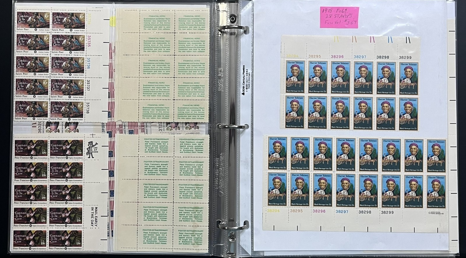 US PLATE BLOCKS, SHEETS, STRIPS, BLOCKS IN 3-RING BINDER, MNH FACE $180, LOT#93