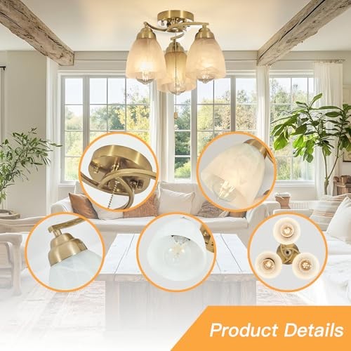 3-Light Flush Mount Ceiling Light with Pull Chain, Modern Lighting Golden