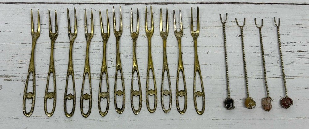 Solid Brass Olive Cocktail Fork Set With Semi Precious Stones