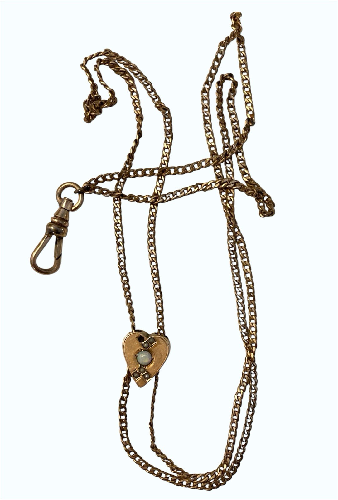 Antique Watch Chain Heart Shape Slide Opal 27” Swivel Clasp