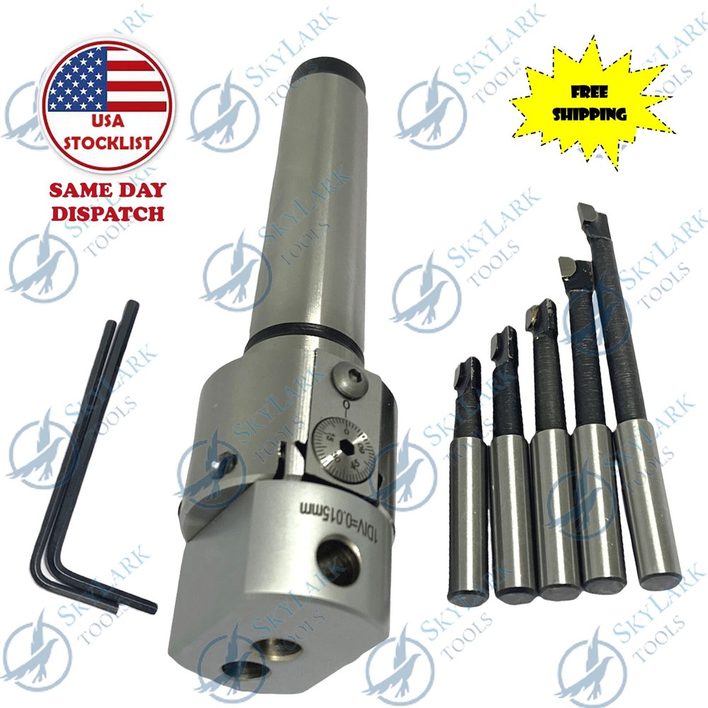 PRECISION ADJUSTABLE BORING HEAD 1.5'' WITH MT3 Shank & Carbide Boring Bars 5pcs